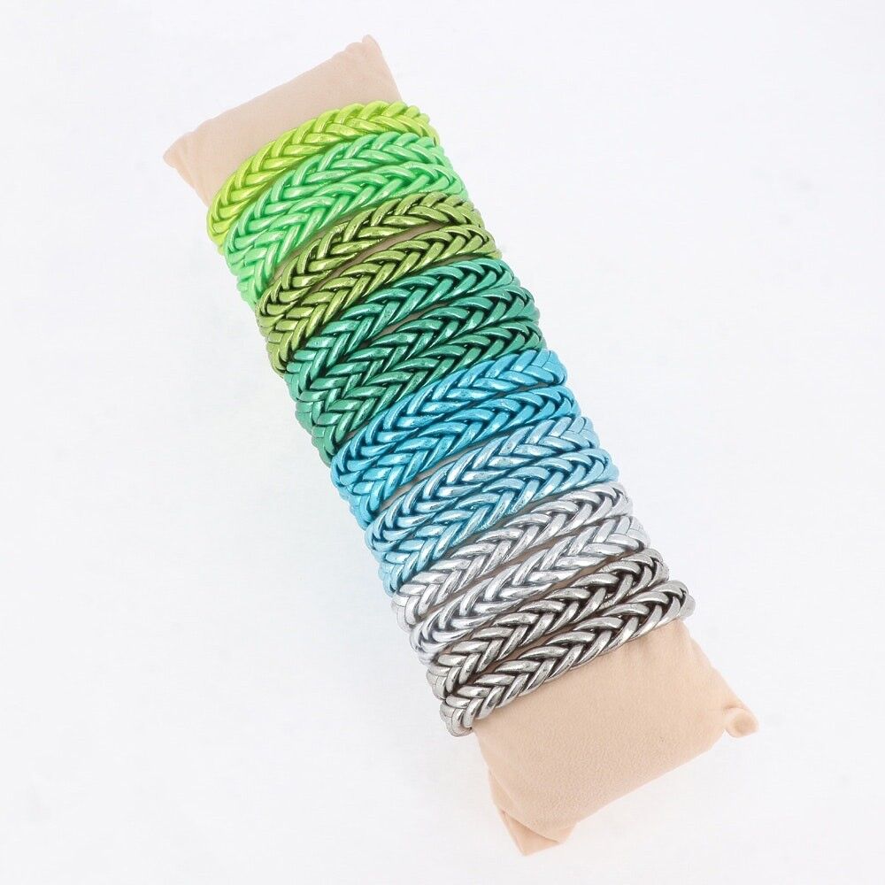 Kit of 16 mixed green braided Buddhist bangles. Cushion offered