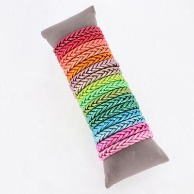Kit of 16 multicolored mix braided Buddhist bangles. Cushion offered