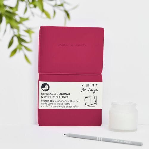 Weekly Planner / Journal  Recycled Leather Refillable - Pink