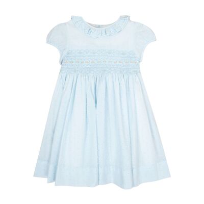 Hortensia, balloon-sleeved dress, triple collar and smocked waist, in azure blue plumetis - balloon-sleeved dress, triple collar and smocked waist, in azure blue plumetis