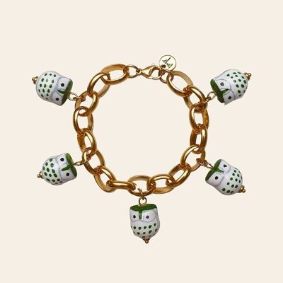 Baldwin Chain Bracelet, Stainless Steel and Green Ceramic Owl Beads