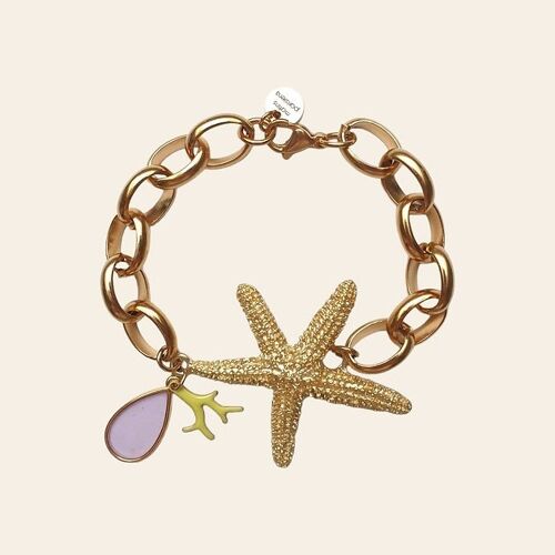 Bracelet Chaîne Cajetan, Étoile de Mer, Breloque Goutte Lilas et Pendentif Corail Vert