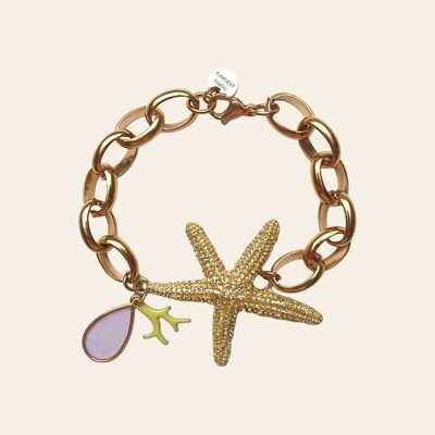 Cajetan Chain Bracelet, Starfish, Lilac Drop Charm and Green Coral Pendant