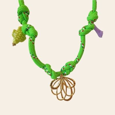 Abel Necklace, Green Cord, Flower, Hand and Turtle Pendants