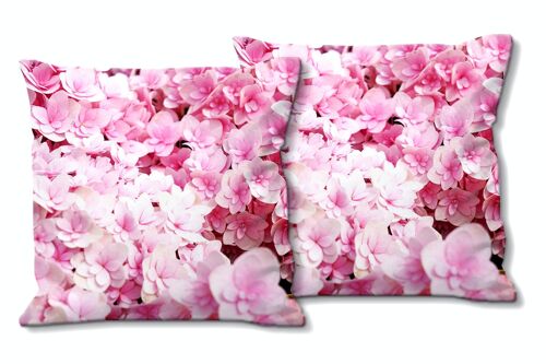 Deko-Foto-Kissen Set (2 Stk.), Motiv: Rosa Hortensien-Blüten - Größe: 40 x 40 cm - Premium Kissenhülle, Zierkissen, Dekokissen, Fotokissen, Kissenbezug