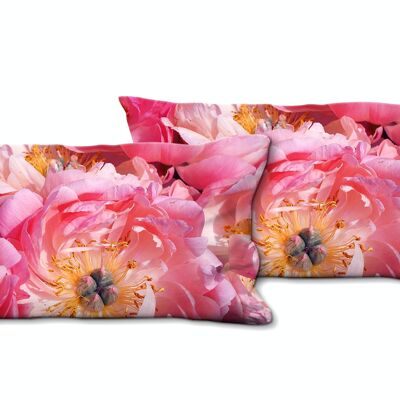 Deko-Foto-Kissen Set (2 Stk.), Motiv: Pinke Pfingstrosen-Blüte  - Größe: 80 x 40 cm - Premium Kissenhülle, Zierkissen, Dekokissen, Fotokissen, Kissenbezug