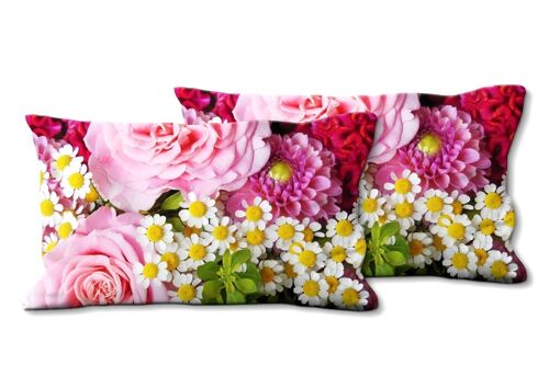 Deko-Foto-Kissen Set (2 Stk.), Motiv: Rosen mit Margeriten - Größe: 80 x 40 cm - Premium Kissenhülle, Zierkissen, Dekokissen, Fotokissen, Kissenbezug