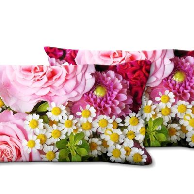 Deko-Foto-Kissen Set (2 Stk.), Motiv: Rosen mit Margeriten - Größe: 80 x 40 cm - Premium Kissenhülle, Zierkissen, Dekokissen, Fotokissen, Kissenbezug