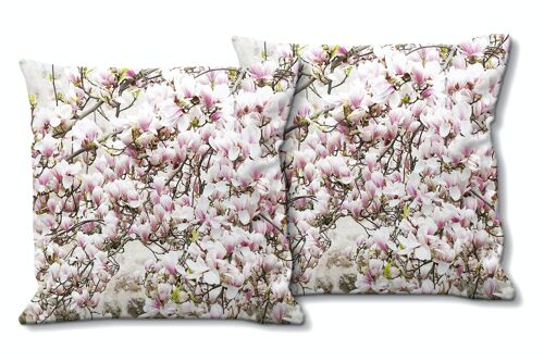 Deko-Foto-Kissen Set (2 Stk.), Motiv: Magnolienblüten-Baum - Größe: 40 x 40 cm - Premium Kissenhülle, Zierkissen, Dekokissen, Fotokissen, Kissenbezug