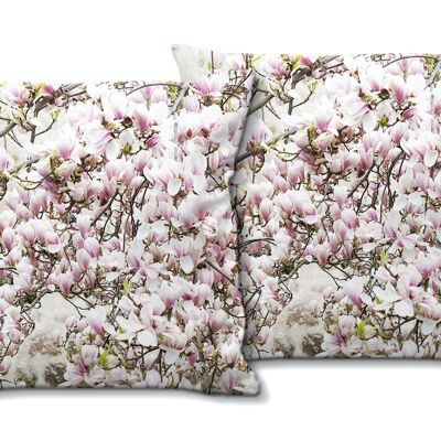 Set di cuscini decorativi con foto (2 pezzi), motivo: albero in fiore di magnolia - dimensioni: 40 x 40 cm - fodera per cuscino premium, cuscino decorativo, cuscino decorativo, cuscino fotografico, fodera per cuscino