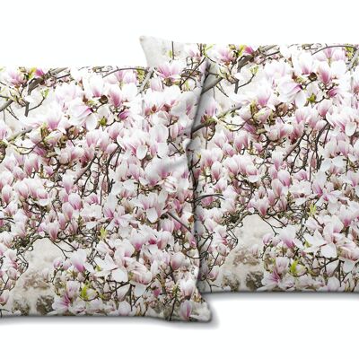 Deko-Foto-Kissen Set (2 Stk.), Motiv: Magnolienblüten-Baum - Größe: 40 x 40 cm - Premium Kissenhülle, Zierkissen, Dekokissen, Fotokissen, Kissenbezug