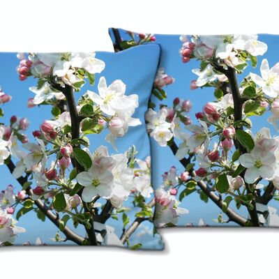 Deko-Foto-Kissen Set (2 Stk.), Motiv: Apfelblüten-Frühling 1 - Größe: 40 x 40 cm - Premium Kissenhülle, Zierkissen, Dekokissen, Fotokissen, Kissenbezug