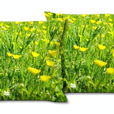 Deko-Foto-Kissen Set (2 Stk.), Motiv: Butterblumen-Frühlingswiese - Größe: 40 x 40 cm - Premium Kissenhülle, Zierkissen, Dekokissen, Fotokissen, Kissenbezug