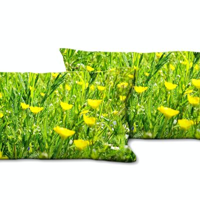 Decorative photo cushion set (2 pieces), motif: buttercup spring meadow - size: 80 x 40 cm - premium cushion cover, decorative cushion, decorative cushion, photo cushion, cushion cover