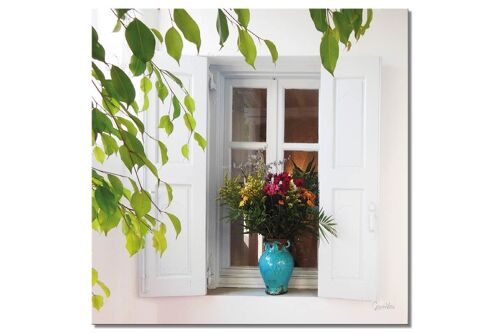Wandbild: Blumenfenster - Quadrat 1:1 - viele Größen & Materialien – Exklusives Fotokunst-Motiv als Leinwandbild oder Acrylglasbild zur Wand-Dekoration