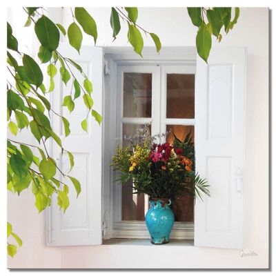Murale: finestra floreale - quadrato 1:1 - molte dimensioni e materiali - esclusivo motivo artistico fotografico come tela o immagine in vetro acrilico per la decorazione murale