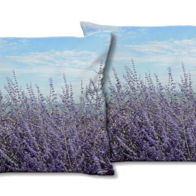 Deko-Foto-Kissen Set (2 Stk.), Motiv: Lavendel vor blauem Himmel - Größe: 40 x 40 cm - Premium Kissenhülle, Zierkissen, Dekokissen, Fotokissen, Kissenbezug