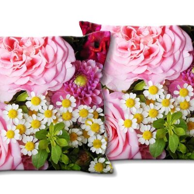 Deko-Foto-Kissen Set (2 Stk.), Motiv: Rosen mit Margeriten - Größe: 40 x 40 cm - Premium Kissenhülle, Zierkissen, Dekokissen, Fotokissen, Kissenbezug