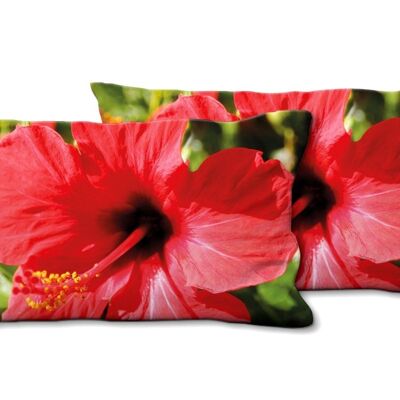 Deko-Foto-Kissen Set (2 Stk.), Motiv: Hibiskus, strahlend rot - Größe: 80 x 40 cm - Premium Kissenhülle, Zierkissen, Dekokissen, Fotokissen, Kissenbezug