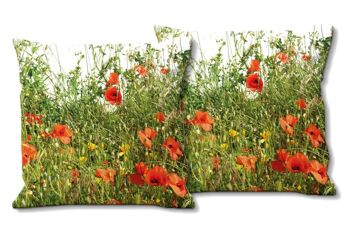 Ensemble de coussins photo décoratifs (2 pièces), motif : prairie de coquelicots - taille : 40 x 40 cm - housse de coussin premium, coussin décoratif, coussin décoratif, coussin photo, housse de coussin 1