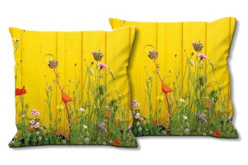Deko-Foto-Kissen Set (2 Stk.), Motiv: Wildblumen vor gelber Wand - Größe: 40 x 40 cm - Premium Kissenhülle, Zierkissen, Dekokissen, Fotokissen, Kissenbezug