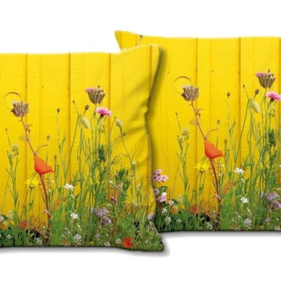 Juego de cojines decorativos con foto (2 piezas), motivo: flores silvestres frente a una pared amarilla - tamaño: 40 x 40 cm - funda de cojín premium, cojín decorativo, cojín decorativo, cojín fotográfico, funda de cojín