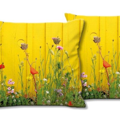 Deko-Foto-Kissen Set (2 Stk.), Motiv: Wildblumen vor gelber Wand - Größe: 40 x 40 cm - Premium Kissenhülle, Zierkissen, Dekokissen, Fotokissen, Kissenbezug