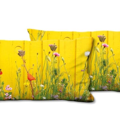 Deko-Foto-Kissen Set (2 Stk.), Motiv: Wildblumen vor gelber Wand - Größe: 80 x 40 cm - Premium Kissenhülle, Zierkissen, Dekokissen, Fotokissen, Kissenbezug
