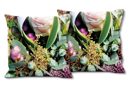 Deko-Foto-Kissen Set (2 Stk.), Motiv: Herbststrauß in rosa und grün - Größe: 40 x 40 cm - Premium Kissenhülle, Zierkissen, Dekokissen, Fotokissen, Kissenbezug
