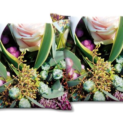 Deko-Foto-Kissen Set (2 Stk.), Motiv: Herbststrauß in rosa und grün - Größe: 40 x 40 cm - Premium Kissenhülle, Zierkissen, Dekokissen, Fotokissen, Kissenbezug