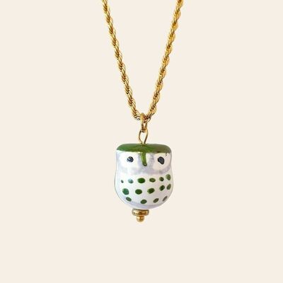 Balthazar Necklace, Twisted Mesh Chain and Owl Pendant in Green Ceramic