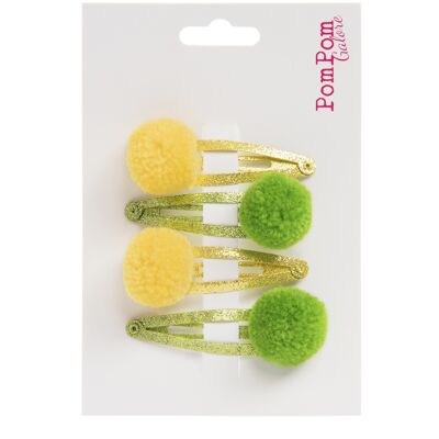 Chanclas para el pelo con pompones verde y amarillo