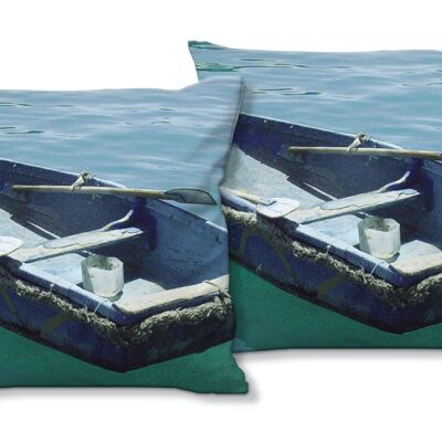 Set di cuscini decorativi con foto (2 pezzi), motivo: barca blu nel mare blu 1 - dimensioni: 40 x 40 cm - fodera per cuscino premium, cuscino decorativo, cuscino decorativo, cuscino fotografico, federa per cuscino