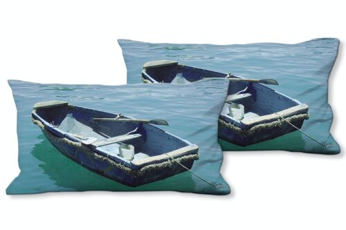 Deko-Foto-Kissen Set (2 Stk.), Motiv: Blaues Boot im blauen Meer 1 - Größe: 80 x 40 cm - Premium Kissenhülle, Zierkissen, Dekokissen, Fotokissen, Kissenbezug
