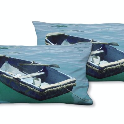 Decorative photo cushion set (2 pieces), motif: blue boat in the blue sea 1 - size: 80 x 40 cm - premium cushion cover, decorative cushion, decorative cushion, photo cushion, cushion cover