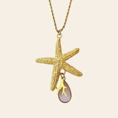 Calimero Necklace, Twisted Mesh Chain, Starfish Pendant, Lilac Charm and Coral Pendant