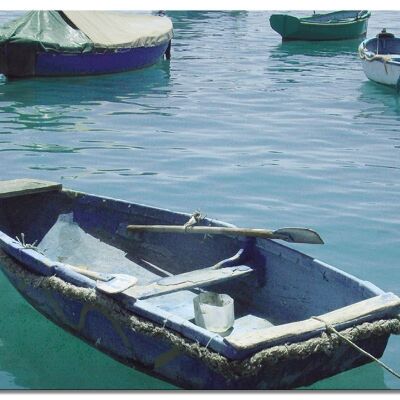 Mural: blue boat in the blue sea 2 - landscape format 4:3 - many sizes & materials - exclusive photo art motif as a canvas picture or acrylic glass picture for wall decoration