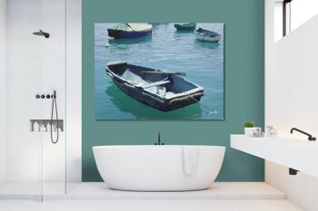 Papier peint : bateau bleu dans la mer bleue 2 - format paysage 4:3 - nombreuses tailles et matériaux - motif d'art photo exclusif comme image sur toile ou image sur verre acrylique pour la décoration murale 4