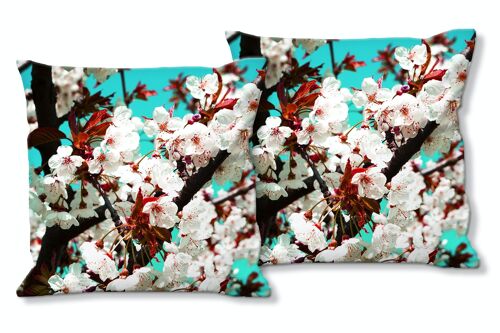 Deko-Foto-Kissen Set (2 Stk.), Motiv: Japan-Style Kirschblüte 2 - Größe: 40 x 40 cm - Premium Kissenhülle, Zierkissen, Dekokissen, Fotokissen, Kissenbezug