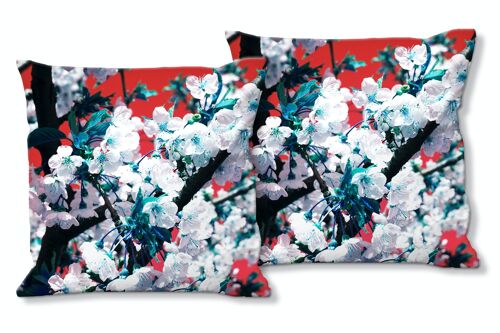 Deko-Foto-Kissen Set (2 Stk.), Motiv: Japan-Style Kirschblüte 1 - Größe: 40 x 40 cm - Premium Kissenhülle, Zierkissen, Dekokissen, Fotokissen, Kissenbezug