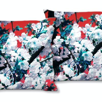 Deko-Foto-Kissen Set (2 Stk.), Motiv: Japan-Style Kirschblüte 1 - Größe: 40 x 40 cm - Premium Kissenhülle, Zierkissen, Dekokissen, Fotokissen, Kissenbezug