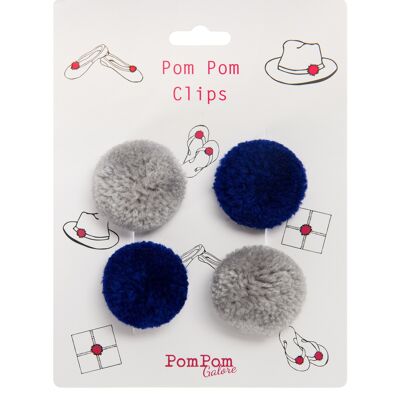 Indigo and grey mini pom pom clips set of 4