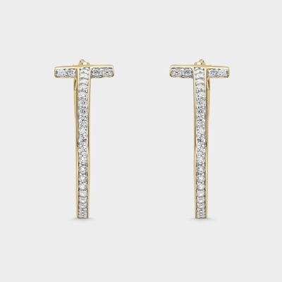 Two-tone T earrings with white zircons