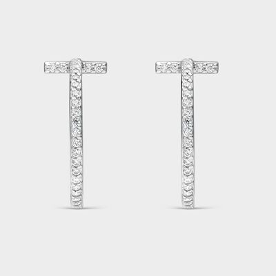 T-shaped creole earrings with white zircons