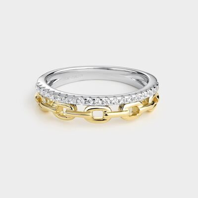 Bicolor ring with links and white zircons