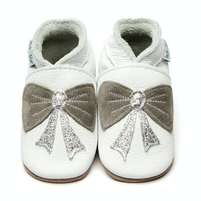 Leather Children's/Baby shoes - Bow White/Glitter Silver