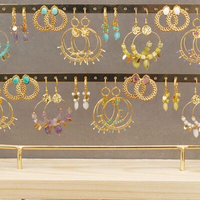 Display of 16 BO in gilded steel and natural stones