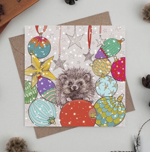 Hedgehog and Baubles Greeting Card