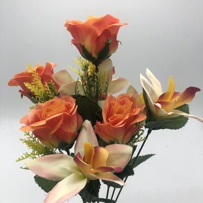 Piquet Rose et Cymbidium Maryse -Assortiment Rose, Rouge et Saumon- 42cm