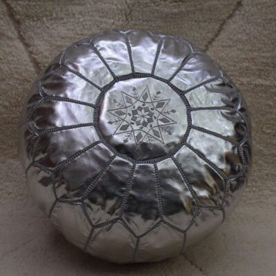 Moroccan Silver Leather Pouf